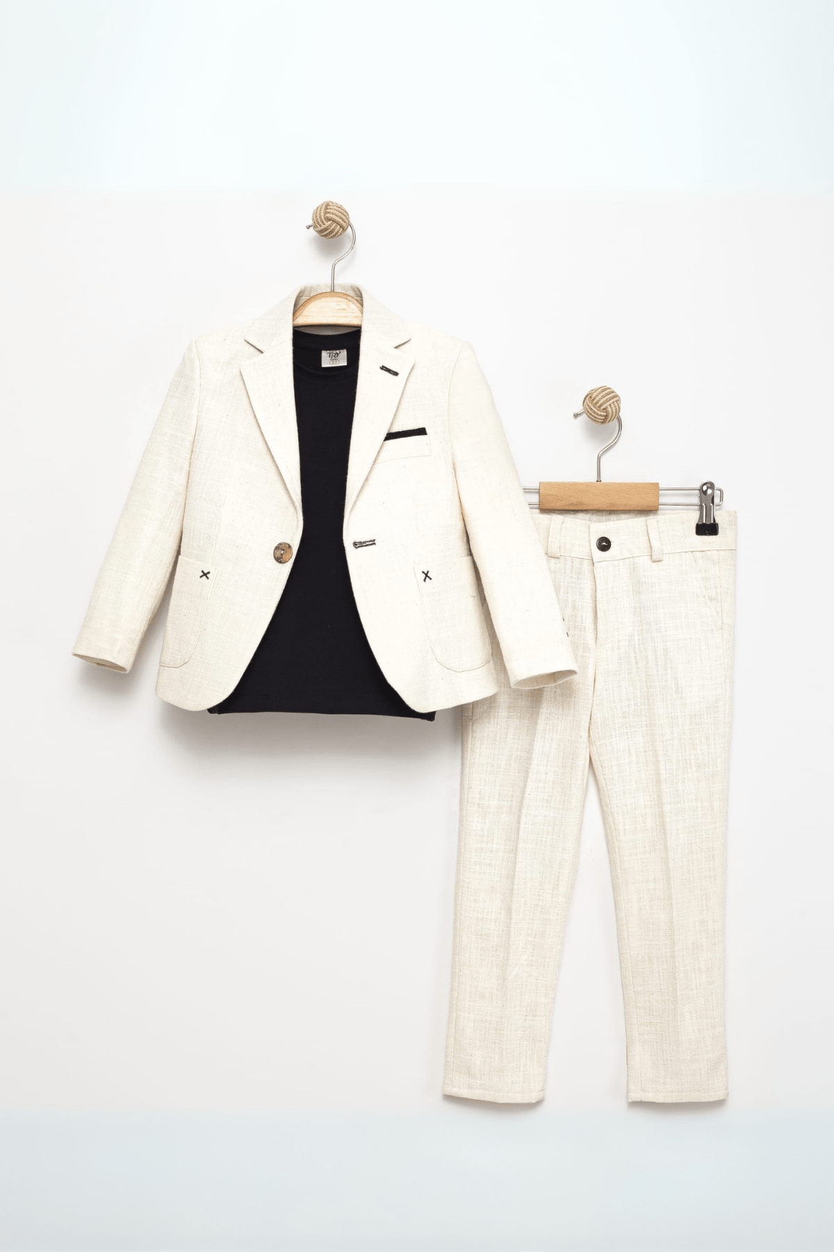 Lüx Keten Cep Mendilli Tişörtlü Erkek Çocuk Takım Elbise Krem