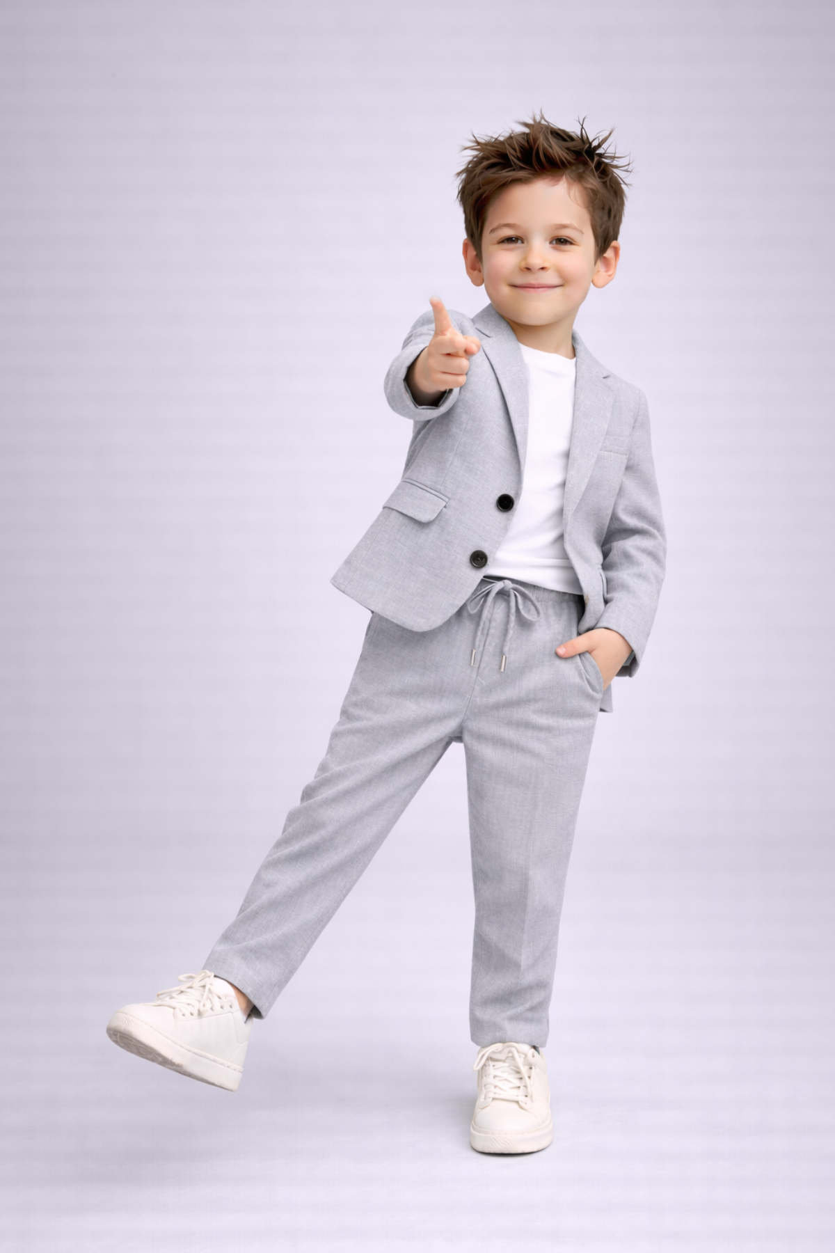 2-13 Yaş Premium Tişörtlü Başak Doku Keten Çocuk Takım Elbise Gri