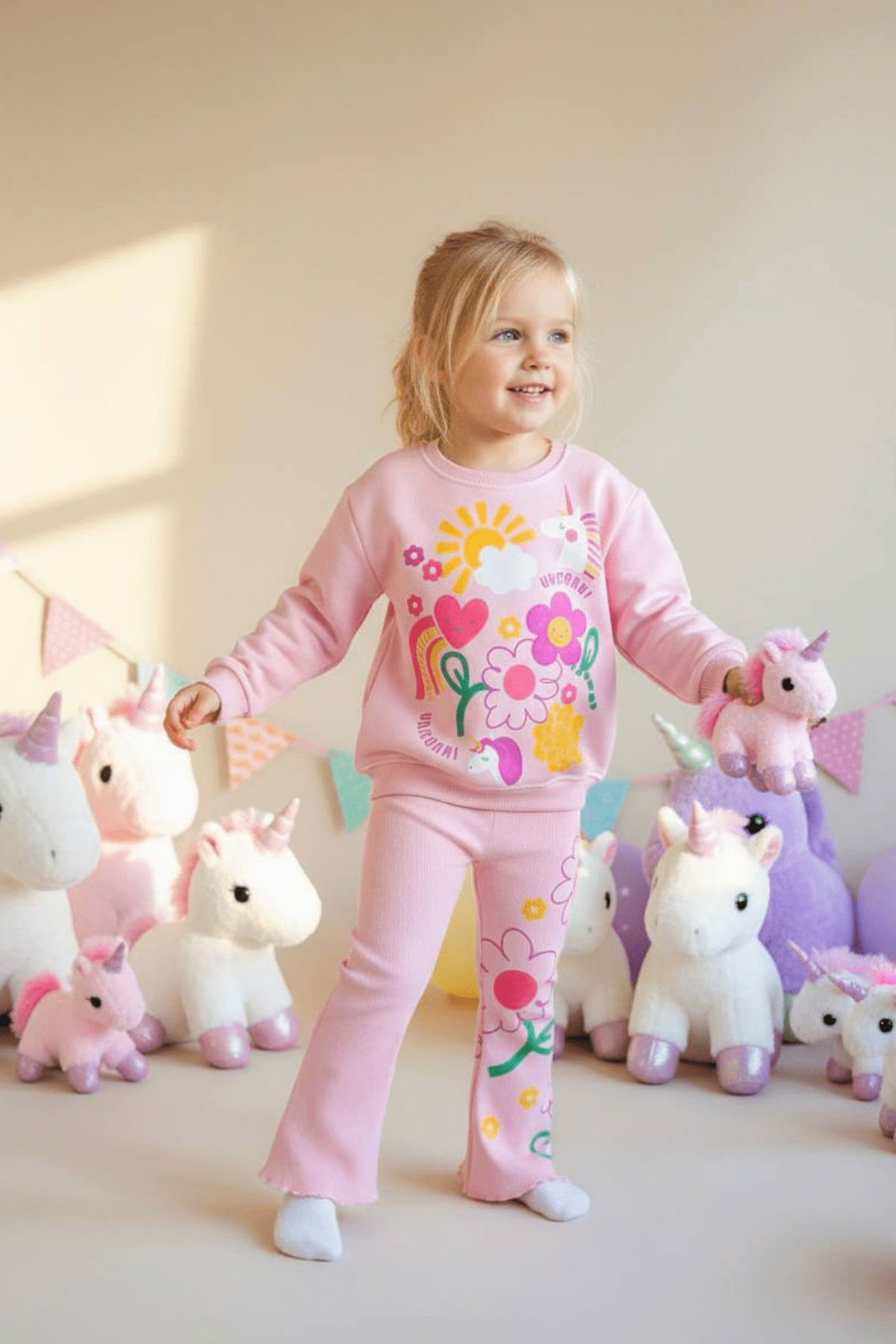 2-8 Unicorn Desenli İspanyol Taytlı Kız Çocuk Takım Pembe