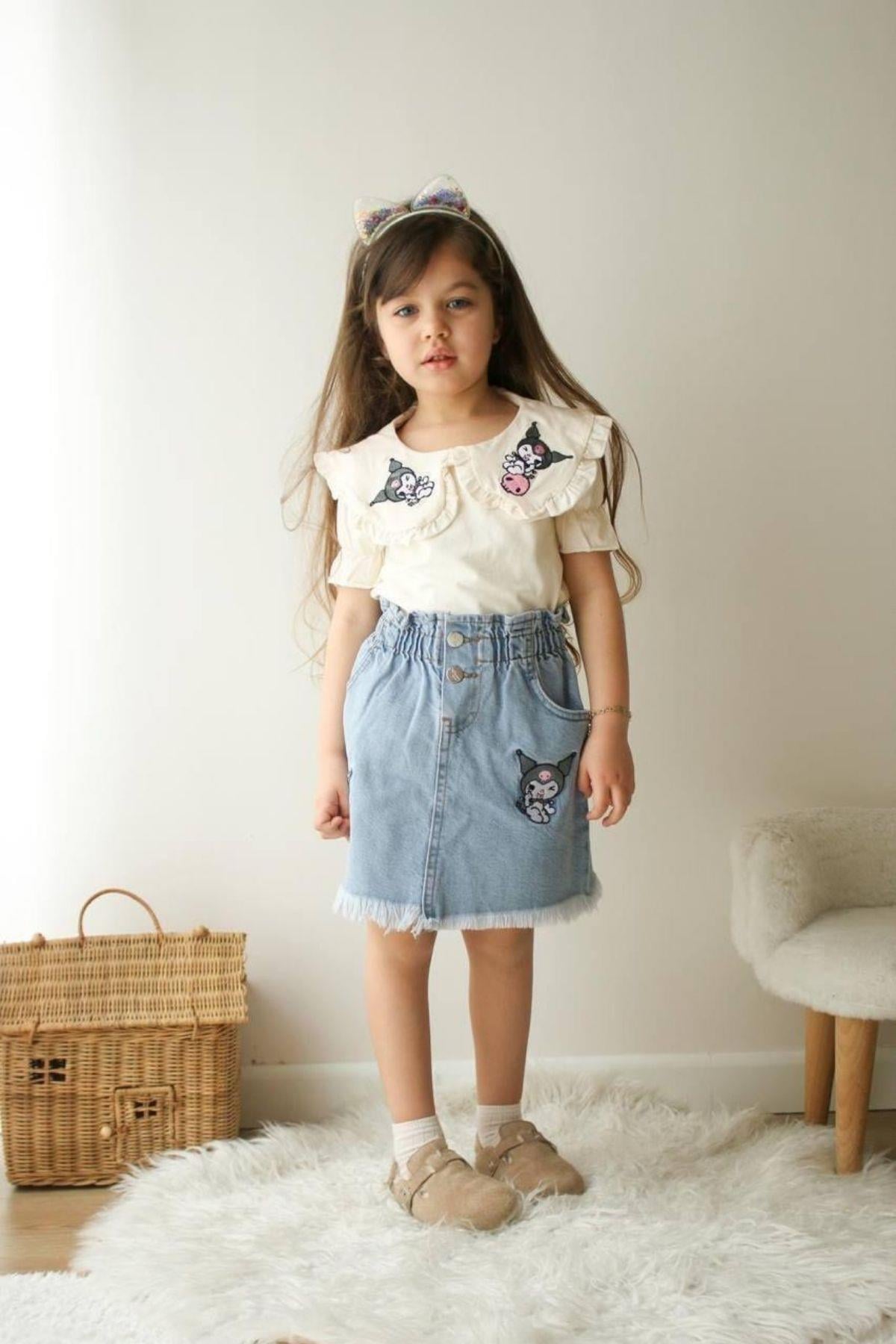 3-10 Yaş Bebe Yaka Kuromi Nakış Detay Kot Etekli Kız Çocuk Takım