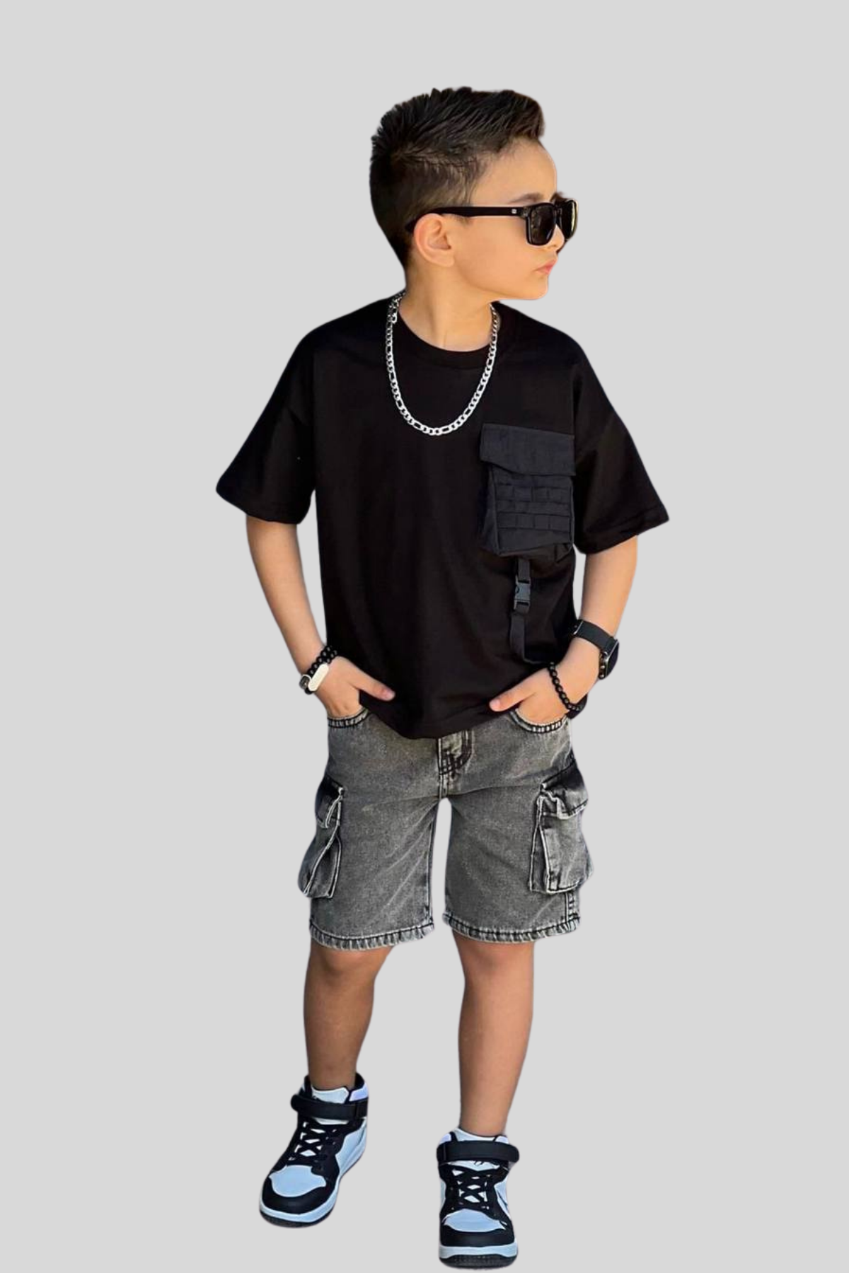 3-10 Yaş Kot Şortlu Paraşüt Cep Detay Erkek Çocuk Takım Siyah