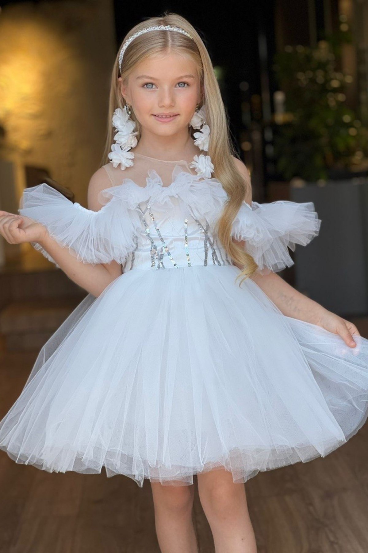 Küpe ve Taç Detay Kız Çocuk Abiye Elbise Beyaz | Turuncugardrop.com
