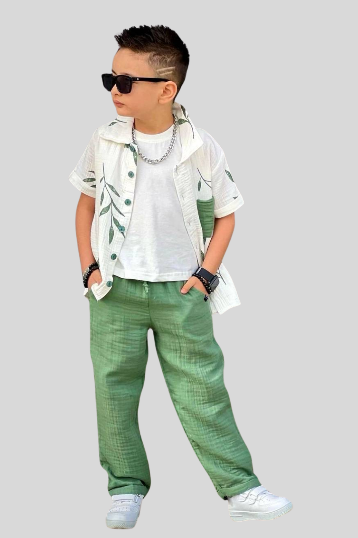 3-10 Yaş Cep Detay Kısa Kol Gömlekli Erkek Çocuk Takım Haki