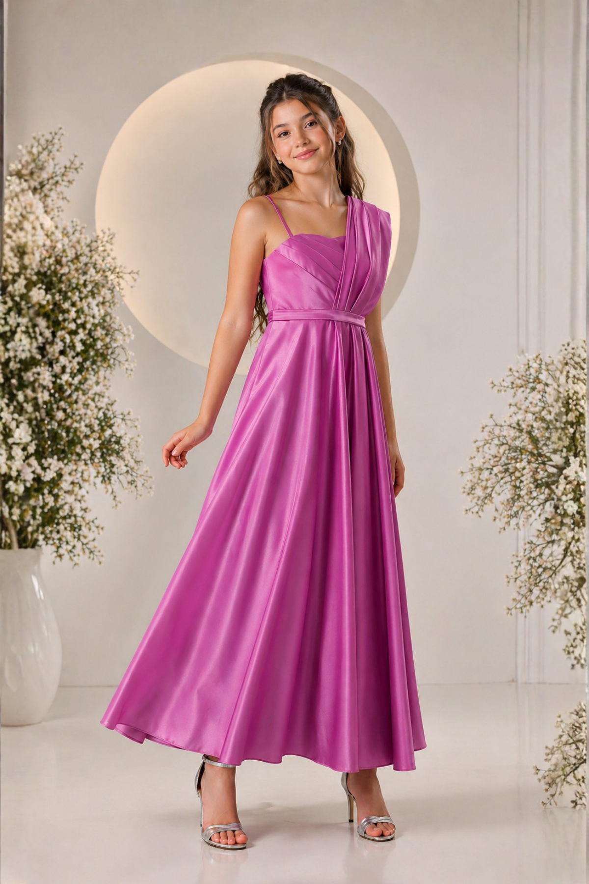 10-15 Tuana Çapraz Askı Detay Uzun Kız Çocuk Abiye Elbise Macenta