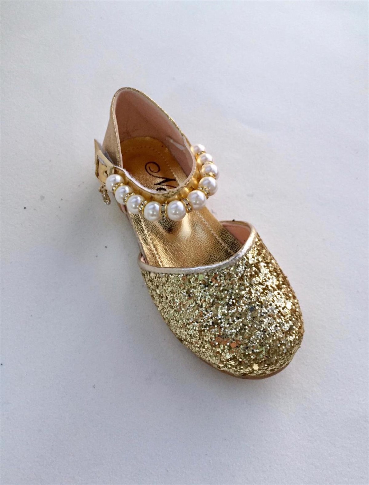 İncili Taşlı Kız Çocuk Ayakkabı Gold