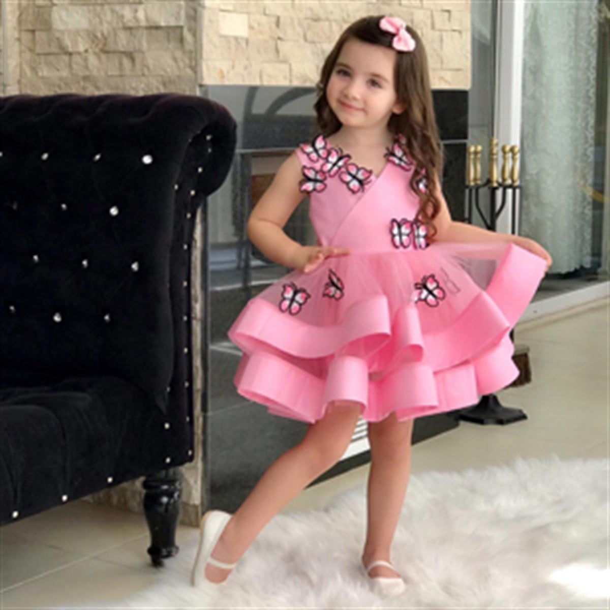Kelebek Aplikeli Kız Çocuk Abiye Elbise Pembe