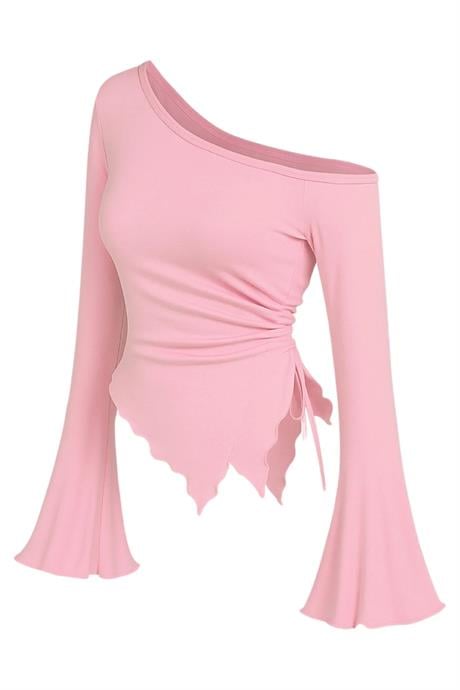 PEMBE  Uzun Kollu Asimetrik Yaka Drapeli Yan Bağlamalı Bahar Sonbahar Bluz Üst