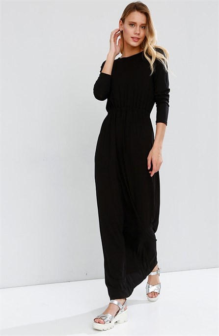 10599-Beli Lastikli Siyah Uzun Elbise