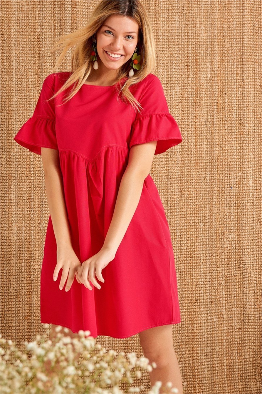 10931-Cepli Kırmızı Salaş Elbise