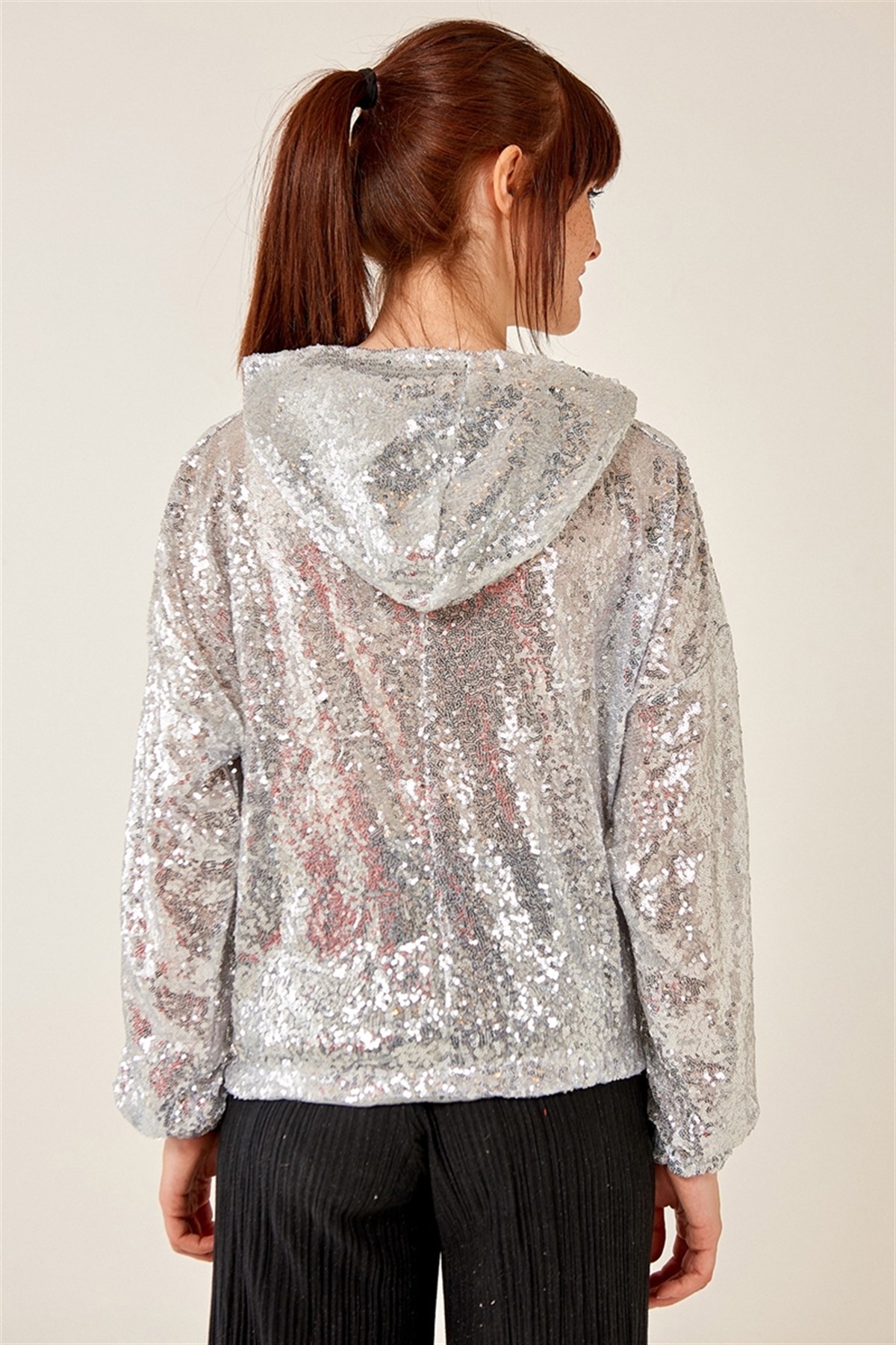 Es-1203-Kapüşonlu Pul Payet Gümüş Sweatshirt