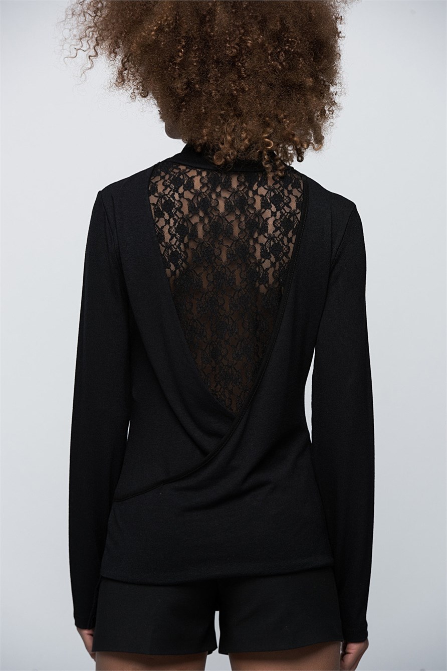10802-Sırtı Dantel Siyah Tasarım Bluz