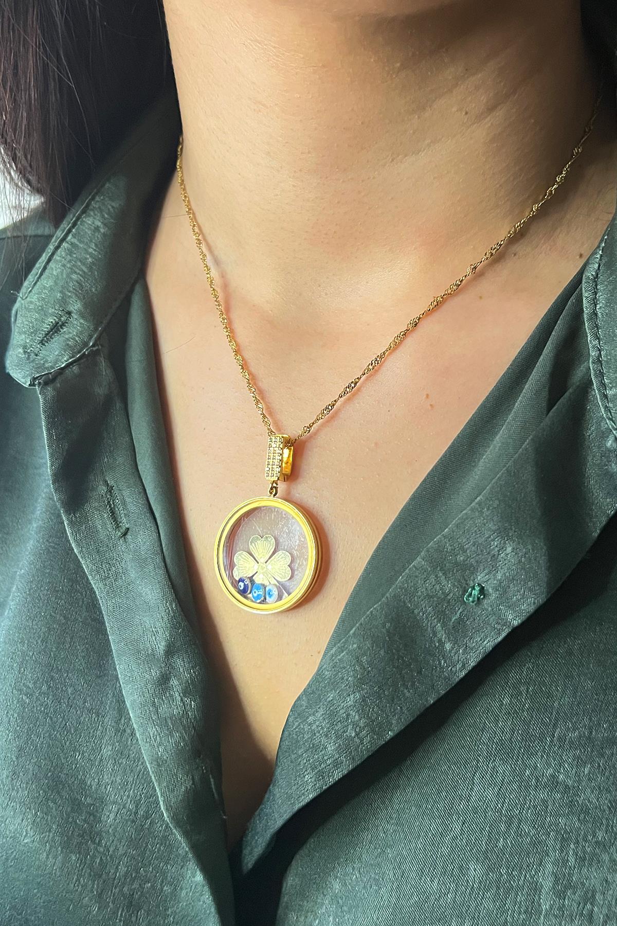 Açılabilir Çerçeve Camlı Yonca Çelik Kolye (Çeyrek Altın veya Yarım Altın Sığmaktadır)