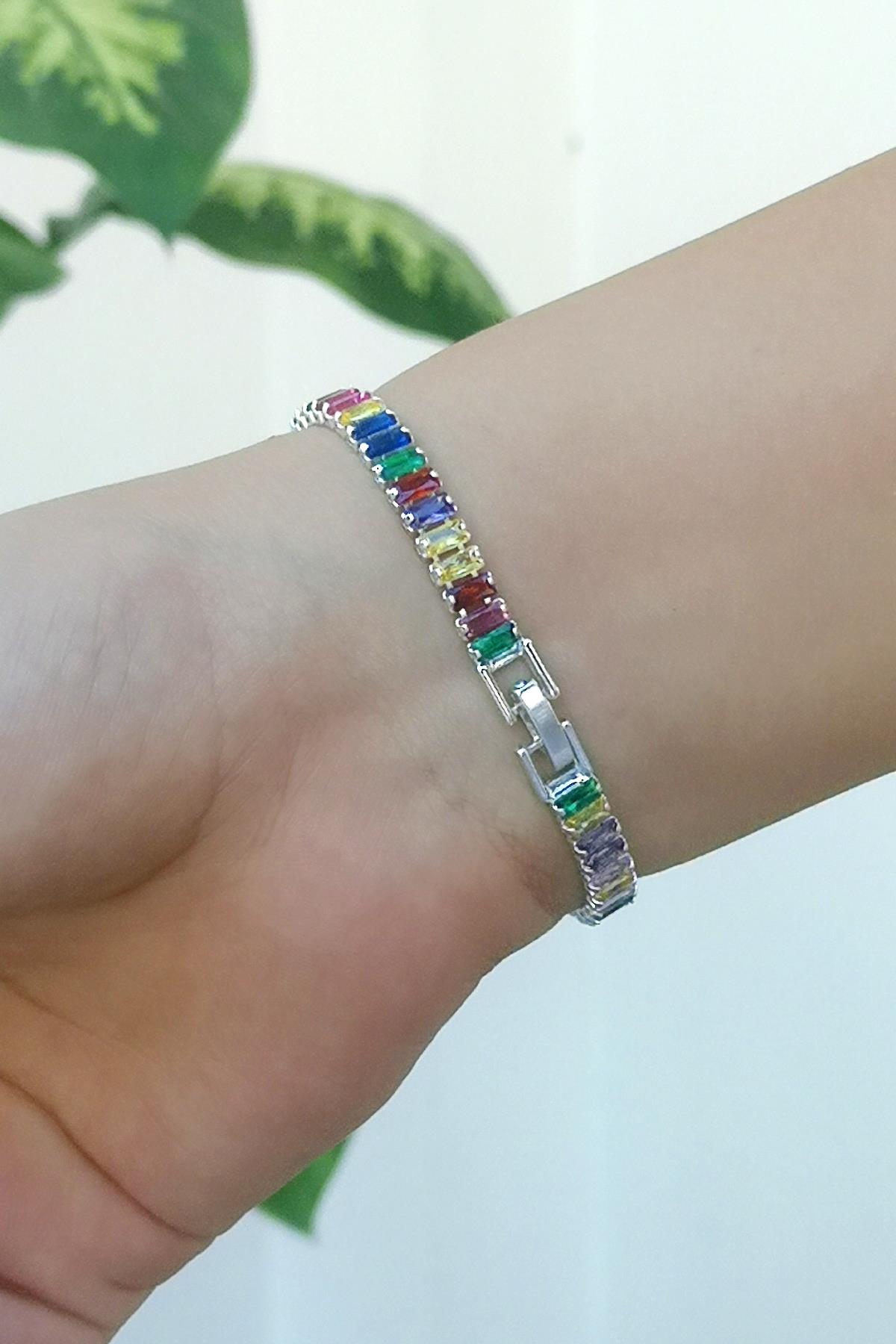 Çok Renkli Zirkon Taşlı Baget Model Silver Su Yolu Bileklik