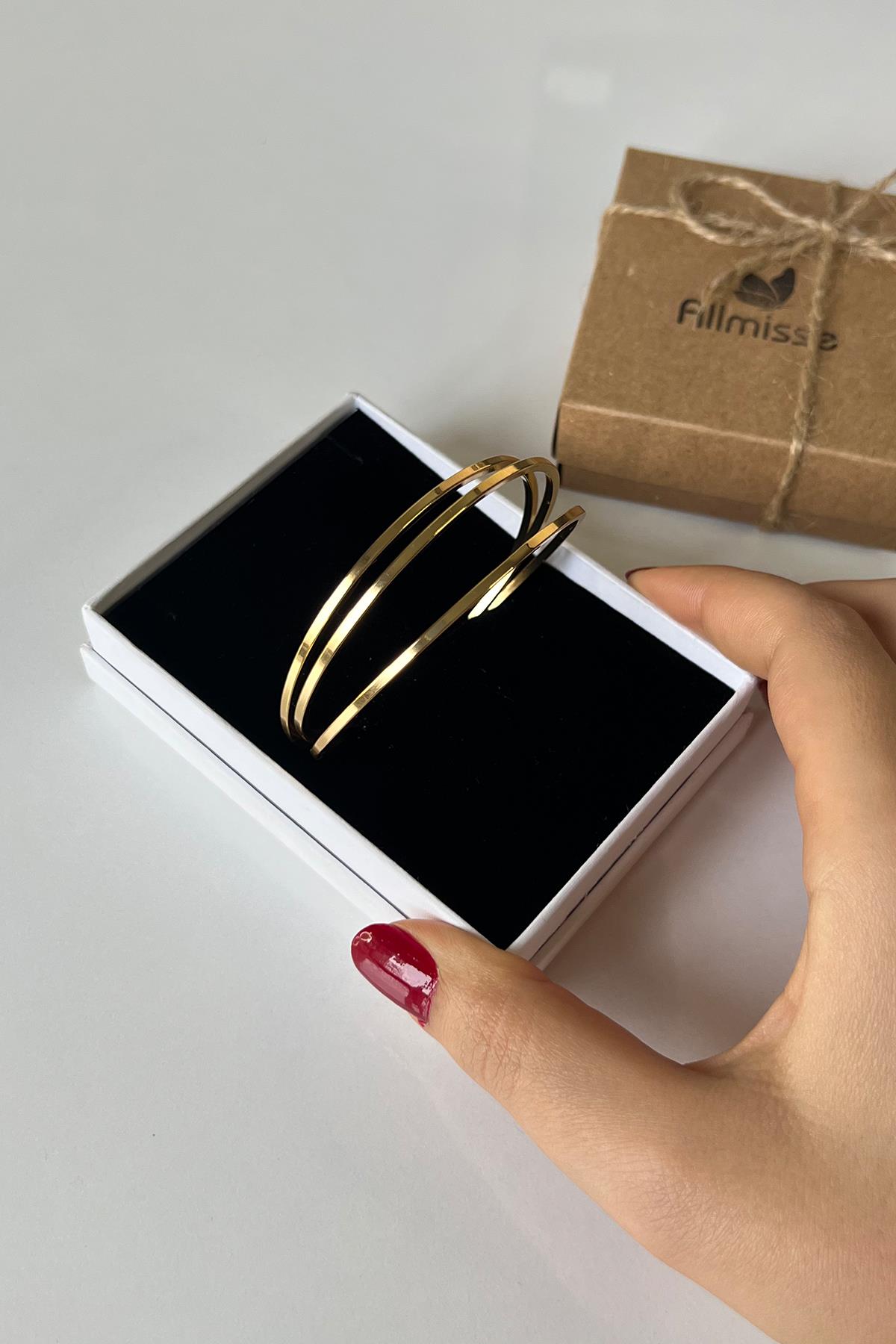 Gold Kaplama Düz 3 lü Çelik Ajda Model Bilezik (65 mm)