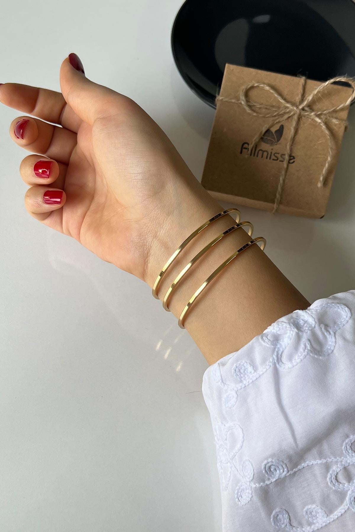 Gold Kaplama Düz 3 lü Çelik Ajda Model Bilezik (65 mm)