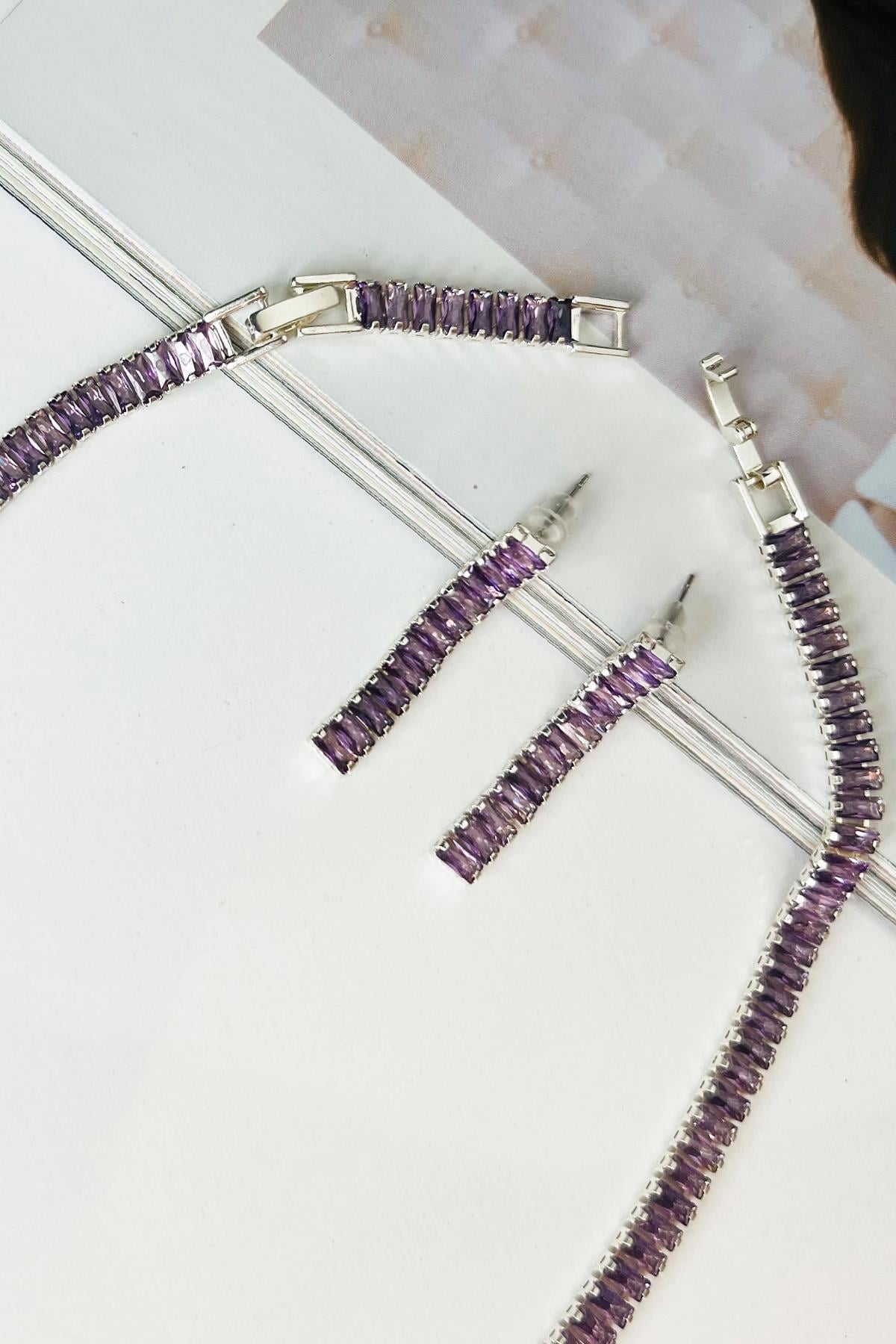 Mor Zirkon Taşlı Silver 5 mm Su Yolu Bijuteri Takı Seti