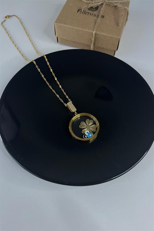 Açılabilir Çerçeve Camlı Yonca Çelik Kolye (Çeyrek Altın veya Yarım Altın Sığmaktadır)