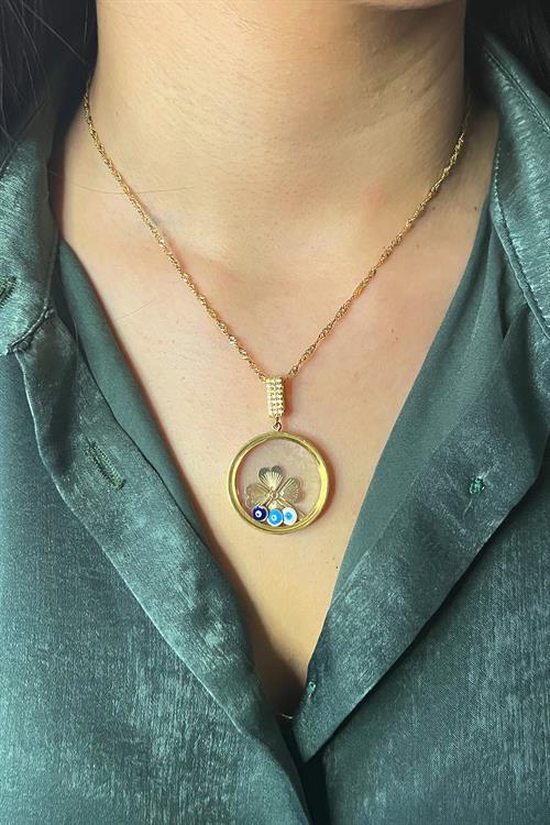 Açılabilir Çerçeve Camlı Yonca Çelik Kolye (Çeyrek Altın veya Yarım Altın Sığmaktadır)