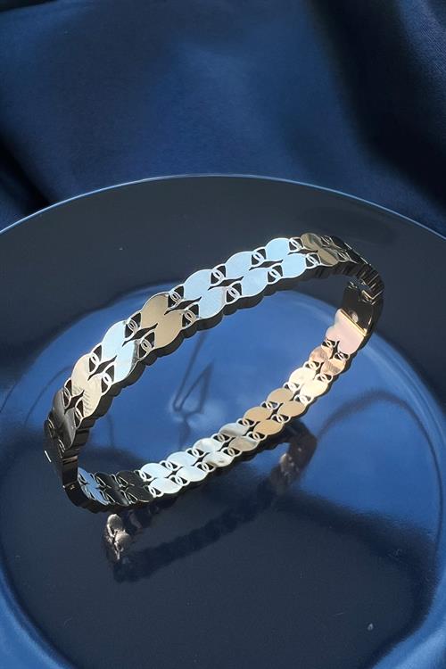 Altın Kaplama 316L Kalite Arpa Desenli Model Kararmaz Çelik Kelepçe Bileklik