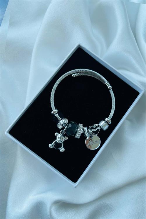 Antrasit Renk Ayıcık Charmlı Çelik Bileklik