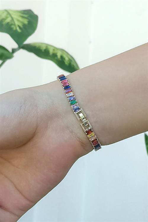 Çok Renkli Zirkon Taşlı Baget Model Gold Su Yolu Bileklik