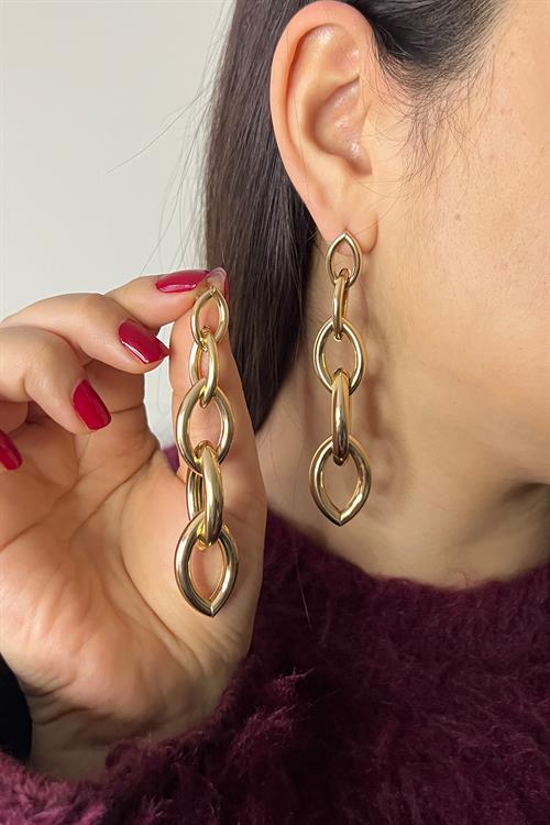 Gold İç İçe Geçmeli Elips Model Sallantılı Çelik Küpe