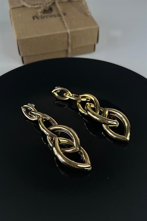 Gold İç İçe Geçmeli Elips Model Sallantılı Çelik Küpe