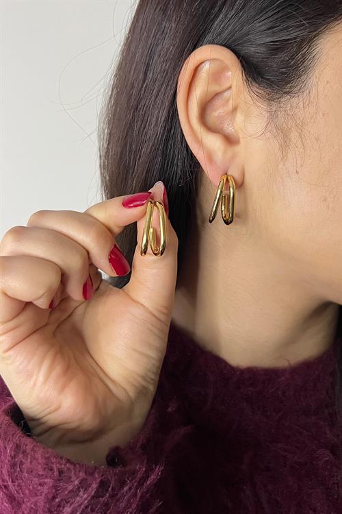 Gold Kaplama Ayrık Model Düz Çelik Küpe