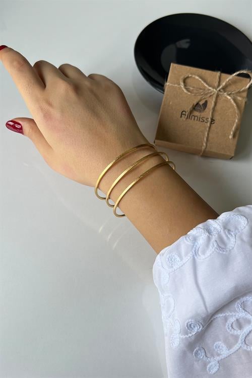 Gold Kaplama Düz Kumlu Model 3 lü Çelik Ajda Model Bilezik (65 mm)