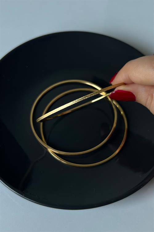 Gold Kaplama Düz Kumlu Model 3 lü Çelik Ajda Model Bilezik (65 mm)