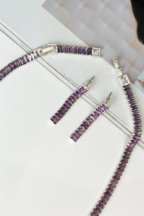 Mor Zirkon Taşlı Silver 5 mm Su Yolu Bijuteri Takı Seti