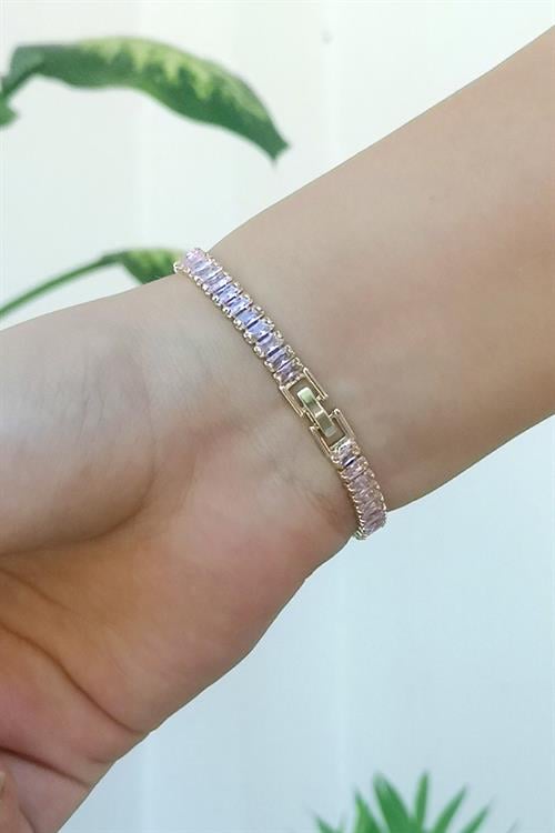 Pembe Zirkon Taşlı Baget Model Gold Su Yolu Bileklik