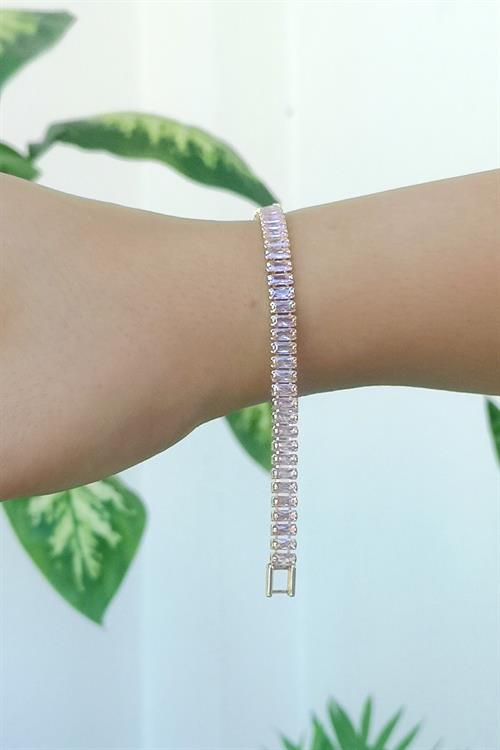 Pembe Zirkon Taşlı Baget Model Gold Su Yolu Bileklik