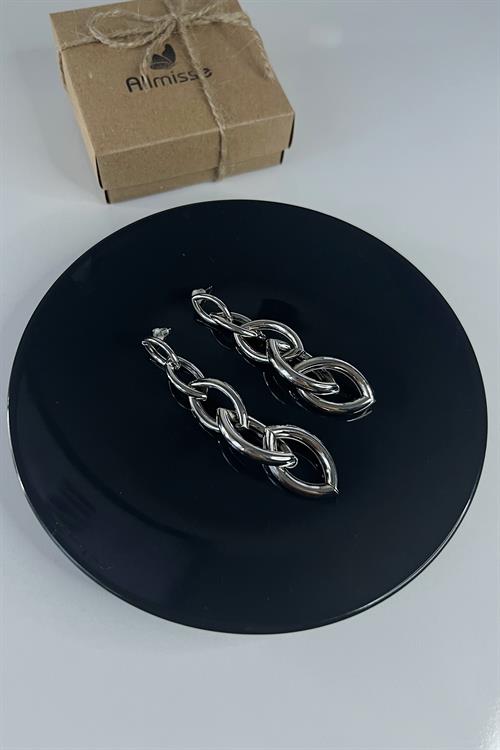 Silver İç İçe Geçmeli Elips Model Sallantılı Çelik Küpe