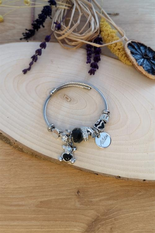 Antrasit Renk Ayıcık Charmlı Çelik Bileklik