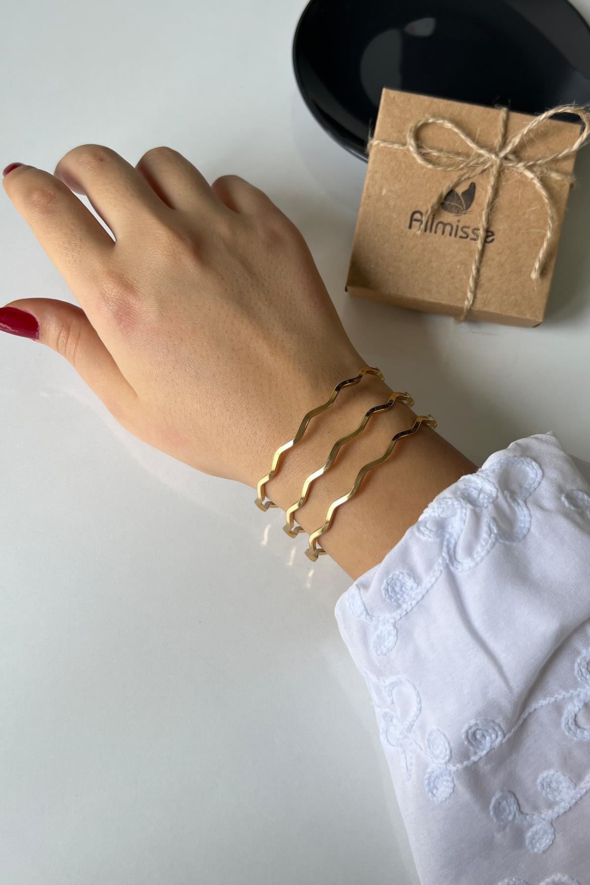 Gold Kaplama 3'lü Çelik Zigzag Ajda Model Bilezik (65 mm)