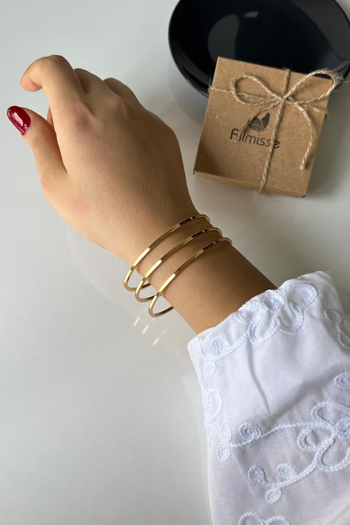 Gold Kaplama Düz 3 lü Çelik Ajda Model Bilezik (65 mm)