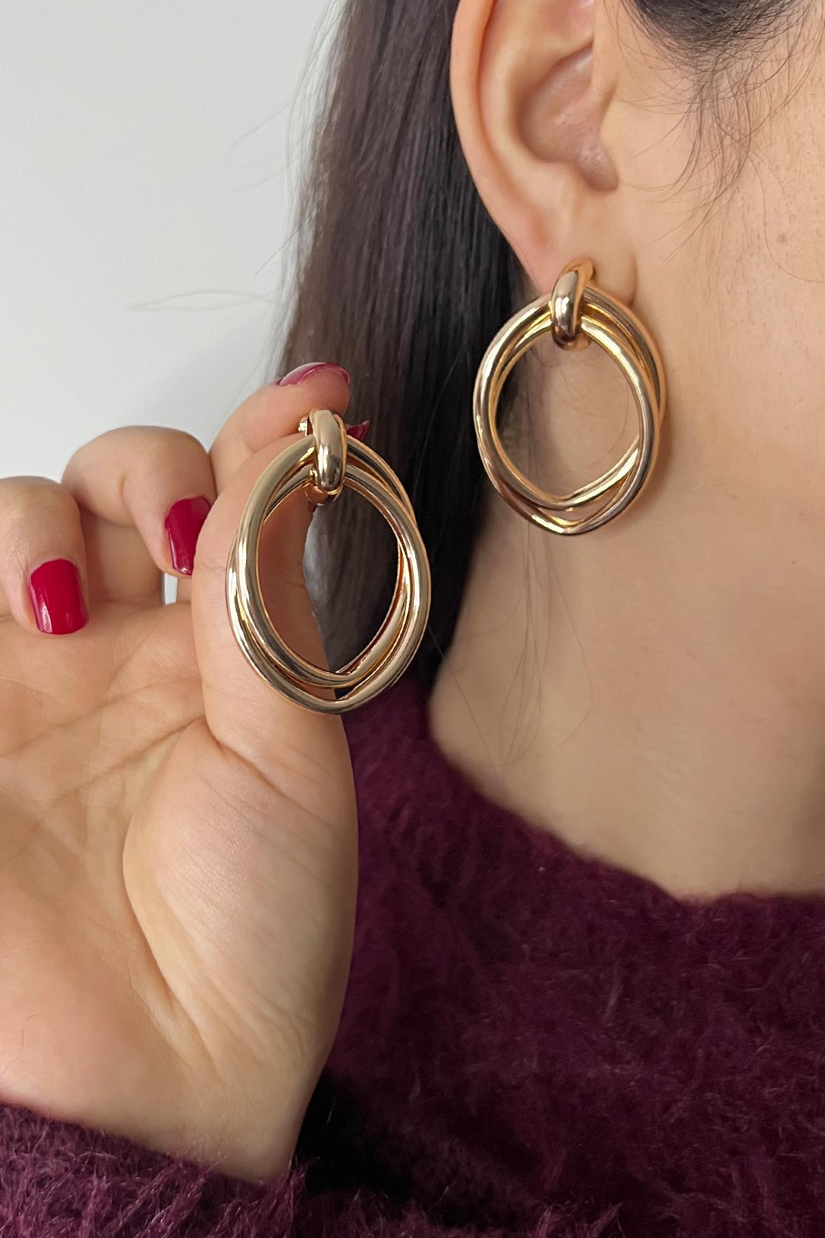 Gold Rose Kaplama İç İçe Geçmeli Oval Premium Çelik Küpe