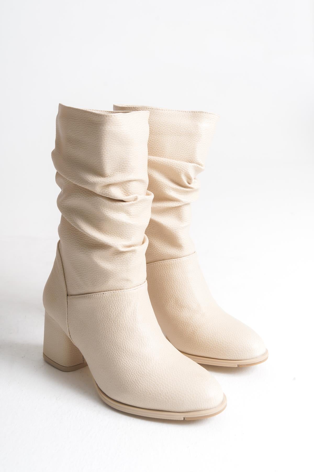Bej Deri Topuklu Kadın Bot Kaymaz Taban Kalın Topuk Laura