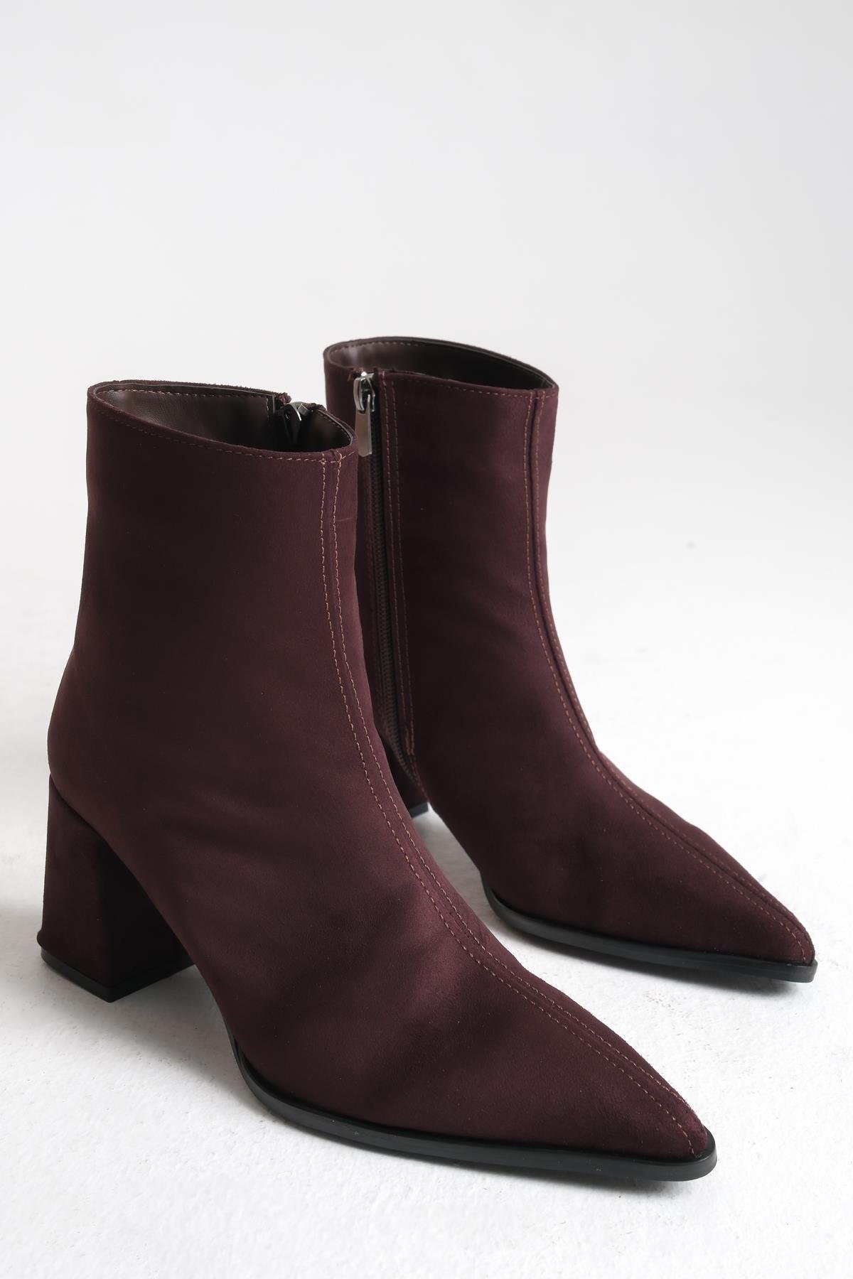 Bordo Süet Kadın Bot Sivri Burun Kaymaz Taban Fermuarlı Kalın Topuk Astrid