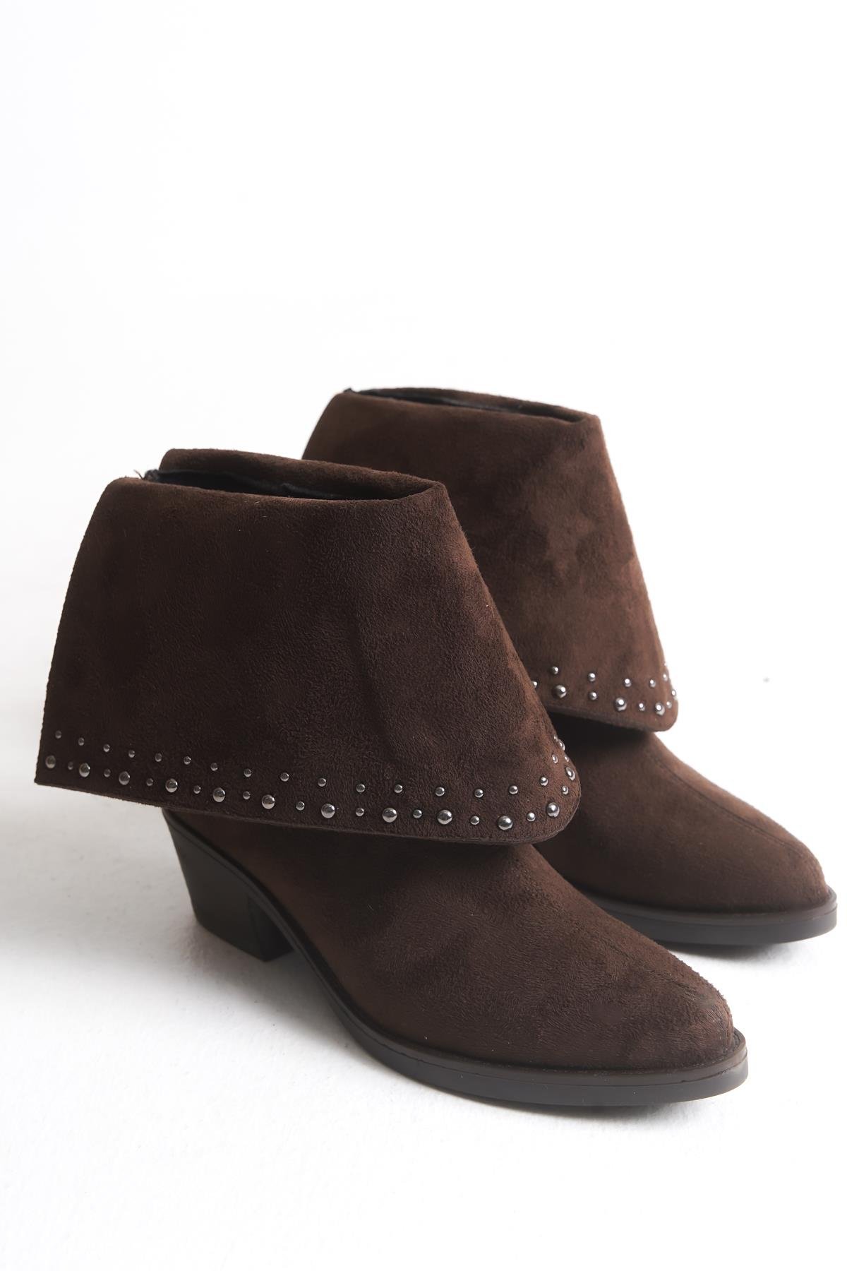 Kahverengi Süet Kadın Bot Çizme Metal Aksesuarlı Western Kovboy Mira