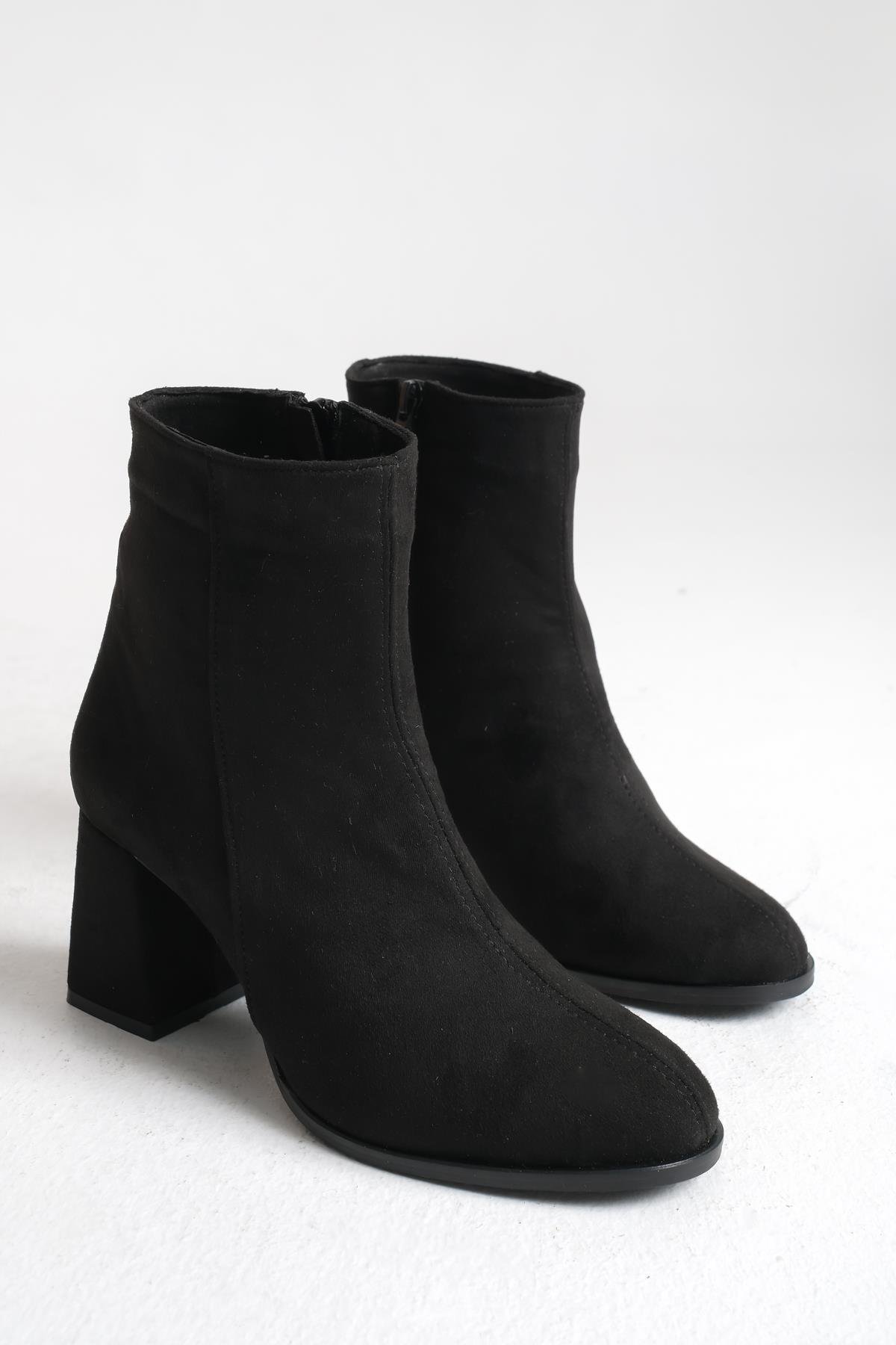 Siyah Süet Kadın Bot Kaymaz Taban Fermuarlı Kalın Topuk Diana