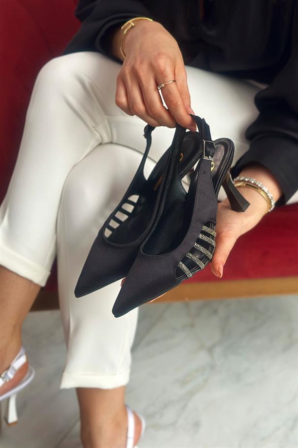 Mariana Saten Siyah Taşlı Kısa Topuklu Kadın Stiletto Ayakkabı