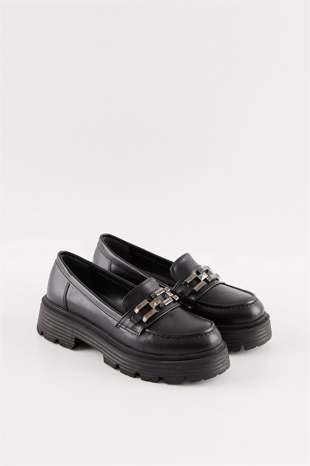 Nizar Siyah Deri Loafer Tokalı Babet Oxford Kadın Ayakkabı