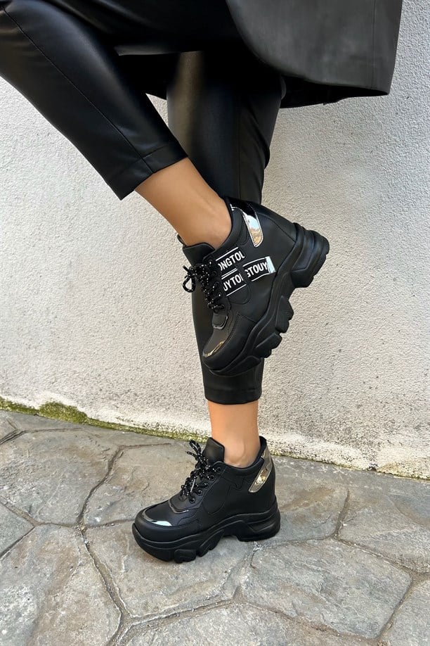 Teros Siyah Gizli Dolgu Topuklu Kalın Taban Kadın Spor Ayakkabı Bot
