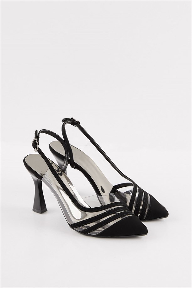 Zerida Süet Siyah Arkası Açık Şeffaf Detaylı Kadın Stiletto Ayakkabı