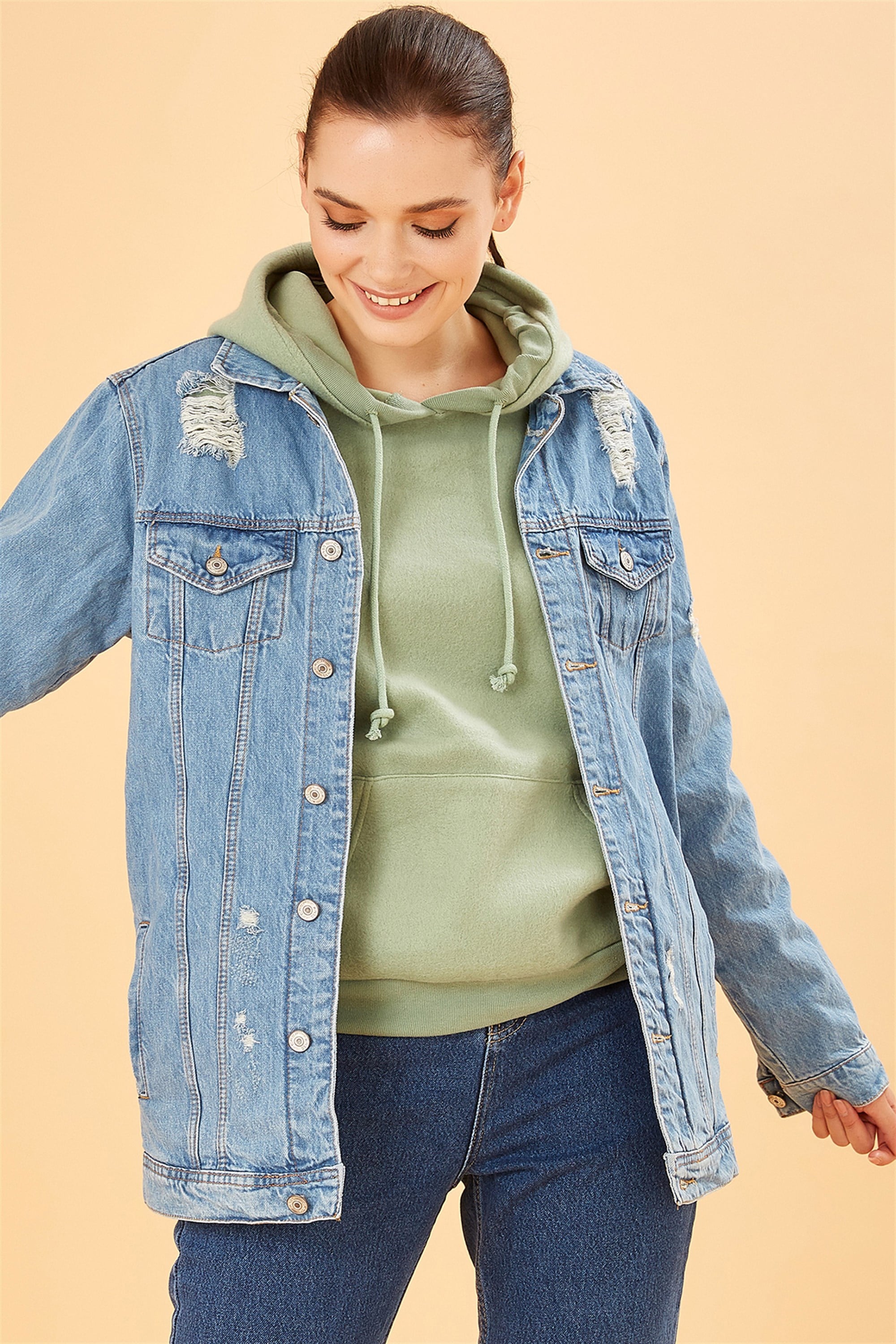 Yırtık Detaylı Mavi Renk Denim Mont