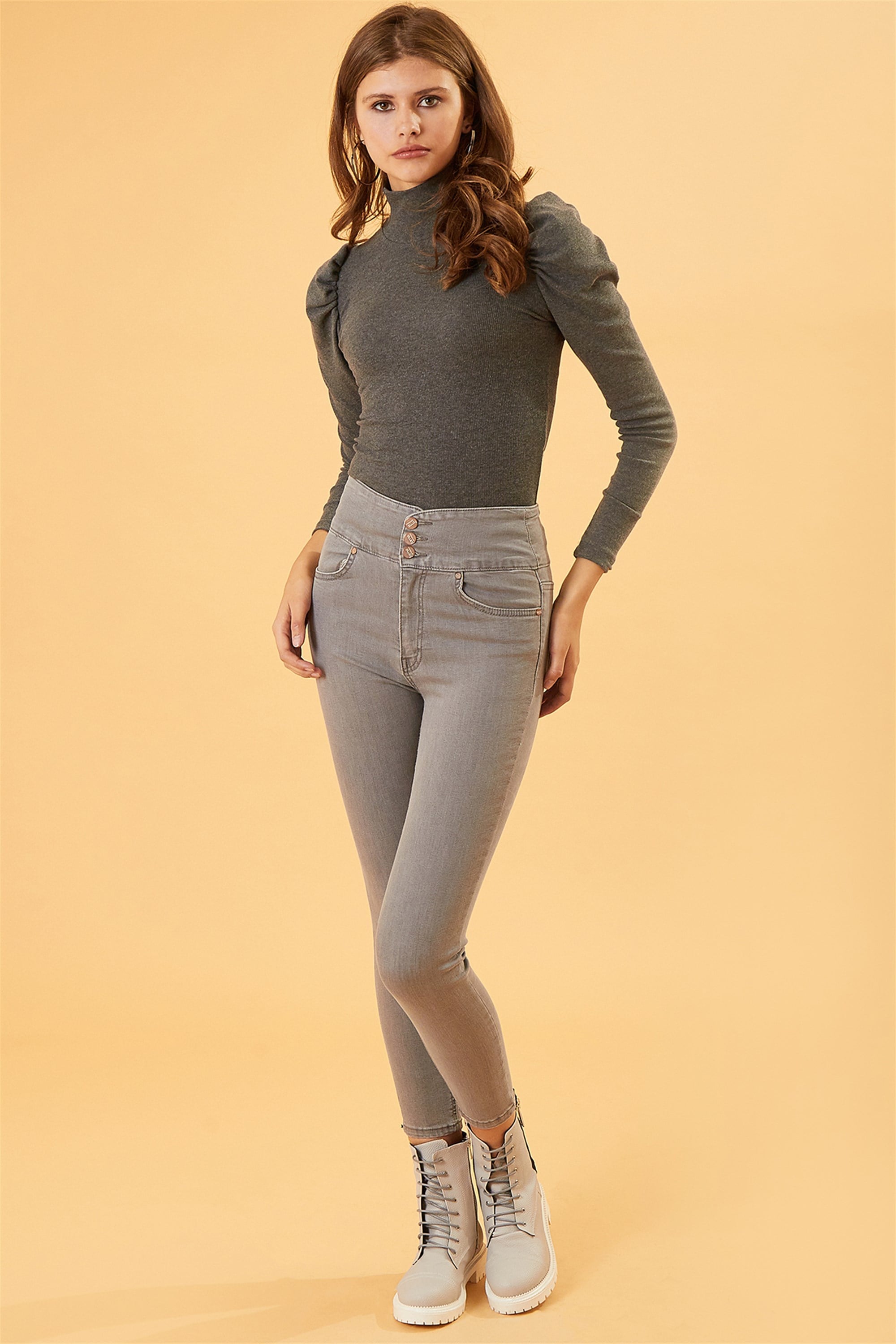Yüksek Belli Skinny Gri Pantolon