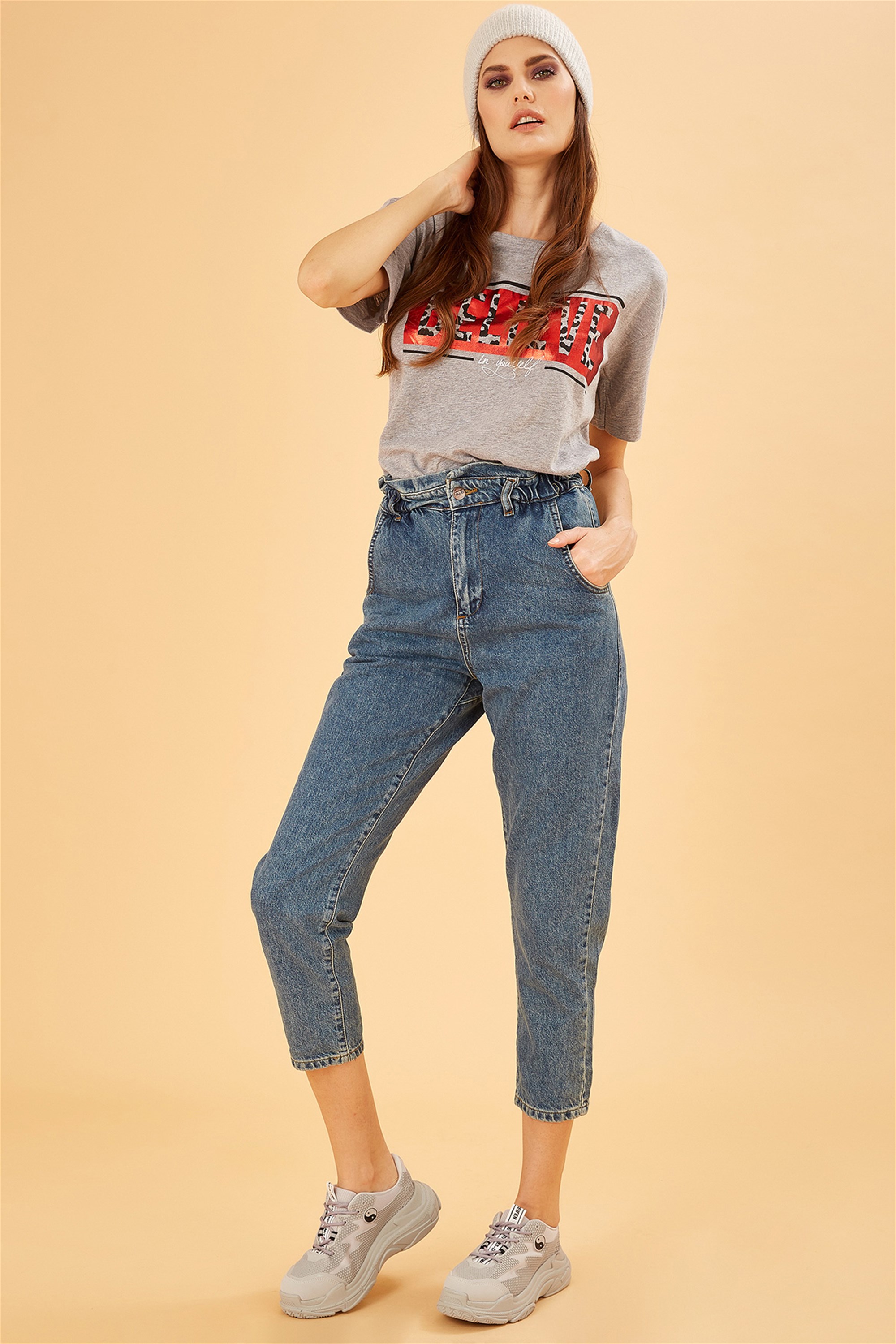 Yüksek Belli Kısa Paça Mavi Pantolon