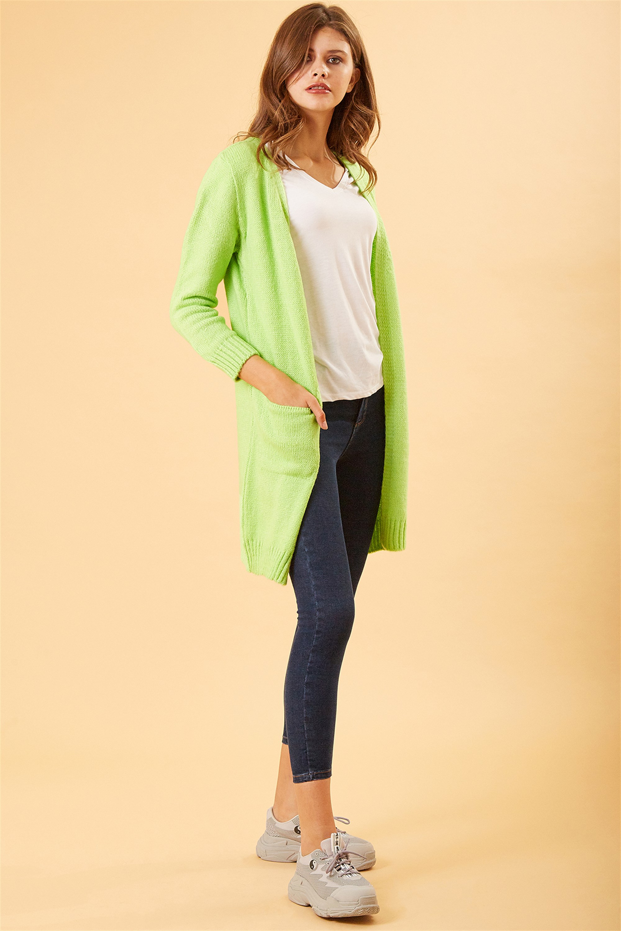 Basic Cepli Uzun Yeşil Triko Hırka